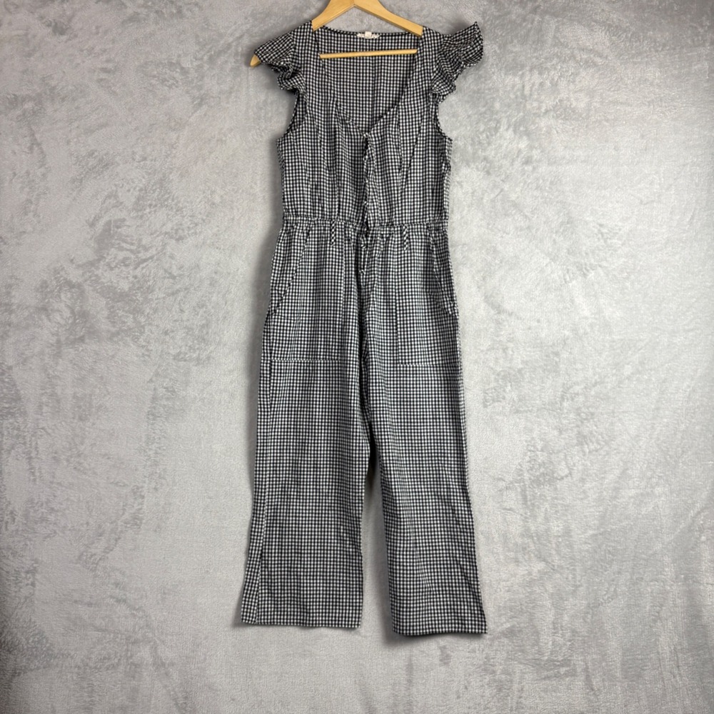 For‎ Love & Lemons Black White Gingham Ruffle Sleeve Wide Leg Jumpsuit Large